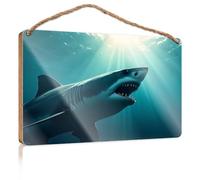 Hanging Plaque Wooden A Shark with Sharp Teeth Swimming Underwater Home Decor Farmhouse Plaque for Front Door(23X35CM)