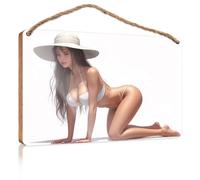 Hanging Plaque Wooden A Woman in A White Bikini and Hat is Kneeling On The Ground Home Decor Farmhouse Plaque for Front Door(23X35CM)