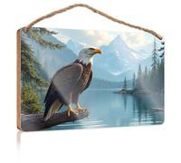 Hanging Plaque Wooden Eagle Perched On A Log By A Serene Lake with Mountains in The Background Home Decor Farmhouse Plaque for Front Door(23X35CM)