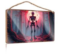 Hanging Porch Sign A Spooky Full Moon Illuminates A Forest With A Giant Skeleton Wooded Sign Funny Bathroom Wall Art Home Decor Farmhouse(23X35CM)