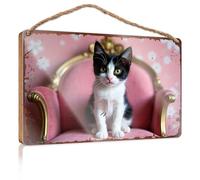 Hanging Porch Sign Adorable Black-And-White Kitten On A Pink Velvet Chair With Gold Wooded Sign Funny Bathroom Wall Art Home Decor Farmhouse(15X28CM)
