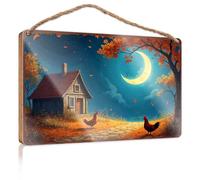 Hanging Porch Sign Autumn Evening At The Wooden Cottage With Roosters Wooded Sign Funny Bathroom Wall Art Home Decor Farmhouse(20X30CM)