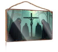 Hanging Porch Sign Dark Figures In A Misty Forest With Crucifix Wooded Sign Funny Bathroom Wall Art Home Decor Farmhouse(20X30CM)