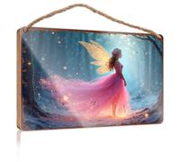 Hanging Porch Sign Enchanted Forest Fairy In Pink Gown With Glittering Wings Wooded Sign Funny Bathroom Wall Art Home Decor Farmhouse(23X35CM)