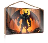 Hanging Porch Sign Fiery Demon With Horns And Wings Amidst A Forest Of Skulls Wooded Sign Funny Bathroom Wall Art Home Decor Farmhouse(15X28CM)