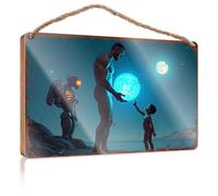 Hanging Porch Sign Man, Child, Robot: A Cosmic Encounter On The Beach Wooded Sign Funny Bathroom Wall Art Home Decor Farmhouse(20X30CM)