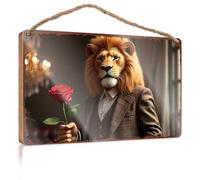Hanging Porch Sign Regal Lion In Suit Holding A Red Rose Wooded Sign Funny Bathroom Wall Art Home Decor Farmhouse(15X28CM)