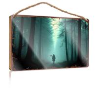 Hanging Porch Sign Silhouette In The Misty Forest Pathway Wooded Sign Funny Bathroom Wall Art Home Decor Farmhouse(15X28CM)