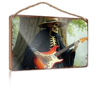 Hanging Porch Sign Skeleton Guitarist In Hat Playing Electric Guitar Under Tree Wooded Sign Funny Bathroom Wall Art Home Decor Farmhouse(15X28CM)