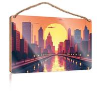 Hanging Porch Sign Sunset Over The City: A Vibrant Urban Landscape Wooded Sign Funny Bathroom Wall Art Home Decor Farmhouse(20X30CM)