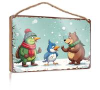 Hanging Porch Sign Winter Fun: Frog, Bird, And Bear Play In The Snow Wooded Sign Funny Bathroom Wall Art Home Decor Farmhouse(15X28CM)