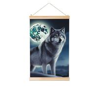 Hanging Posters Wooden Shaft Canvas Prints Wall Art Wolf Under Moon Painting Hanging Scroll Painting Wall Banner Modern Artwork Decor for Home Ready to Hang 16"x24"