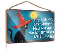 Hanging Sign Decor Black Cat Wearing A Witch Hat With A Moon In The Background. Summer Wood Hanging Room Accessories For Men(23X35CM)