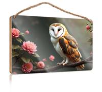 Hanging Signs for Home Decor A Barn Owl Perches On A Branch Adorned with Pink Flowers Fall Office Decor Kitchen Decorations Wall(20X30CM)