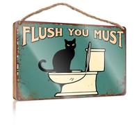 Hanging Signs For Home Decor A Black Cat Sits On A Toilet With The Words "Flush You Must" Above It. Vintage Room Decor Wall Hanging Decor Sayings(23X35CM)