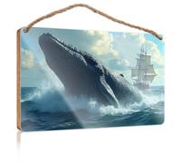 Hanging Signs for Home Decor A Giant Whale Breaches The Ocean Near A Sailing Ship Fall Office Decor Kitchen Decorations Wall(15X28CM)