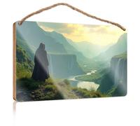Hanging Signs for Home Decor A Hooded Figure Gazes Over A Lush, Mountainous Landscape with Cascading Waterfalls Fall Office Decor Kitchen Decorations Wall(23X35CM)