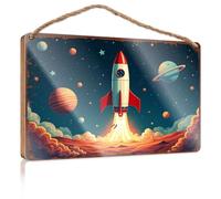 Hanging Signs for Home Decor A Rocket Launches Into Space with Planets Surrounding It Fall Office Decor Kitchen Decorations Wall(23X35CM)