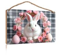 Hanging Signs for Home Decor Easter Bunny with Flowers and Eggs Porch Decorations Outdoor Posters & Prints(15X28CM)