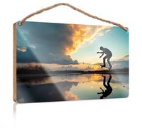 Hanging Signs for Home Decor Skateboarder Performing Trick Over Reflective Water At Sunset Fall Office Decor Kitchen Decorations Wall(15X28CM)