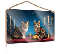 Hanging Signs for Home Decor Two Cats Sitting At A Table with Candles and Fruit Porch Decorations Outdoor Posters & Prints(15X28CM)