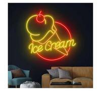 Hanging Signs Ice Cream Neon Sign USB Powered Adjustable Brightness Ice Cream Cone Neon Lights, Suitable For Shop Party Decor(54cmx55cm)