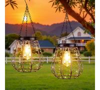 Hanging Solar Lantern Lights, Solar Chandelier Outdoor Waterproof Vintage Copper Outdoor Hanging Lights for Outside Gazebo, Pergola, Porch, Yard, Garden, Pathway, Decor, 2 Pack- ALL FORTUNE