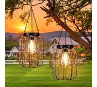 Hanging Solar Lanterns Outdoor Waterproof, Vintage Copper Hanging Lantern Lights for Outside, Solar Chandelier Outdoor Idea for Yard Garden Pathway Gazebo Pergola Porch Decor, 2 Pack