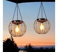 Hanging Solar Lanterns, Solar Lights Outdoor Waterpoof, Solar Chandelier with Warm White Led Bulb, Beaded Copper Wire Ball Shade Patio Garden Decor Lights for Tree Yard Pathway Wall Eave Pergola-2Pack