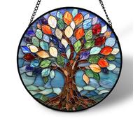 Hanging Stained Glass, Blue Wave Suncatcher Glass Panels for Home Decor, Window Hanging Sun Catcher Gift for Women, Men, Wife, Aunt, Mom (Tree)