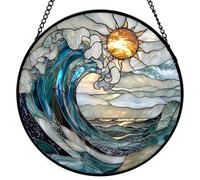 Hanging Stained Glass, Blue Wave Suncatcher Glass Panels for Home Decor, Window Hanging Sun Catcher Gift for Women, Men, Wife, Aunt, Mom