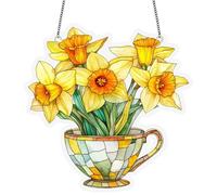 Hanging Stained Glass for Windows,Hand-Painted Sun Catcher Garden Hangings Mother's Day Ornaments Festival Gift Acrylic Everlasting Daffodils in Vase for Mum (A)