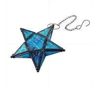 Hanging Star Lantern, Moroccan Star Shaped Glass Candle Holder, Wrought Iron Lantern for Garden Patio Decor (Blue)