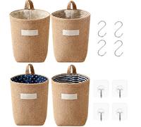 Hanging Storage Baskets with S and J Hook, 4 PCS Foldable Wall Organizer, Hanging Storage Bag, Cotton Linen Stair Basket to Make Hampers Wall-Hanging for Organizing Storage Pocket for Wall Door Closet