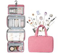 Hanging Toiletry Bag for Women Men, Large Travel Wash Bag Waterproof with 4 Compartments, Foldable Makeup Bags Cosmetic Organiser with Hook for Holiday Camping Gym 27 X 18 X 8cm (Pink)