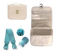 Hanging Toiletry Bag Organiser & 3PC Back Scrubber, MITT & Scrunchie Set -Zipped Section, Snap on Closure, Travel, Holiday, Overnight Stay (4 PC Toiletry Bag Set)