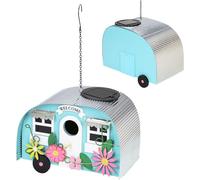 Hanging Tree Caravan Bird House - Metal Colourful Nest Decorative Nesting Box - 10 LED Solar Garden Decor Caravan Light Weather Resistant for Outdoor Patio or Lawns