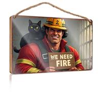 Hanging Wall Decor For Bathroom Firefighter With Black Cat Holding 'We Need Fire' Sign Wooded Wood Decor Sign Door Hanging Sign(15X28CM)