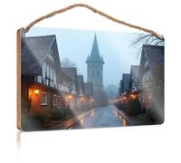 Hanging Wall Decor for Bathroom Medieval Town in The Mist Wooden Sign Funny Kitchen Wall Decor Vintage Decor(23X35CM)