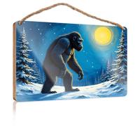 Hanging Wall Decor for Bathroom Snowy Night with Bigfoot Wooden Sign Funny Kitchen Wall Decor Vintage Decor(15X28CM)