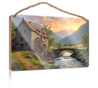 Hanging Wall Decor for Bathroom Vintage Mill By The River At Sunset Wooden Sign Funny Kitchen Wall Decor Vintage Decor(15X28CM)