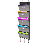 Hanging Wall File Folder Organiser - Over Door Storage Magazine Holder with 5 Large Pockets for School Paper,Document,Mails,Books,Newspapers,Letter Behind Pantry Door,Classroom,Office (Grey)