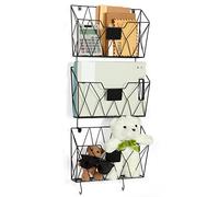 Hanging Wall File Holder Wall Mount Metal Wall File Organizer 3 Pockets Mail Organizer with Hooks for Office Home,Black