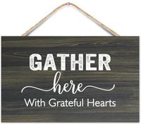 Hanging Wall Sign Wooden, Gather Here with Grateful Hearts Quote, Rustic Decorative Wood Sign for Bedroom School Office Coffee Club Home Living Room Entryway Farmhouse Wall Decor 12x8 inch