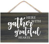 Hanging Wall Sign Wooden, Gather Here with Grateful Hearts Quote, Rustic Welcome Wall Art Craft Plaque for New Home Office Living Room Bedroom Bathroom Classroom Decor 12x8 inch