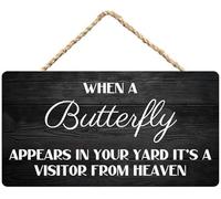 Hanging Wall Sign Wooden, Inspirational Sign Positive Wall Door Decor When A Butterfly Appears In Your Yard It'S A Visitor From Heaven, For Home Door Bedroom Yard Garden Spiritual Decor 12X8 Inch