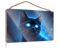 Hanging Wall Signs Blue-Eyed Black Cat In Space Wooden Sign Fall Front Porch Decorations Summer Wood Hanging(20X30CM)