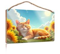 Hanging Wall Signs Relaxing Cat In A Sunflower Field Wooden Sign Fall Front Porch Decorations Summer Wood Hanging(23X35CM)