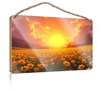 Hanging Wall Signs Sunset Over A Field Of Yellow Flowers Wooden Sign Fall Front Porch Decorations Summer Wood Hanging(20X30CM)