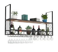Hanging Wine Rack with 4Lights, Metal Ceiling Bar Wine Glass Rack, 2-Layer Industrial Wall Mounted Wine Storage Rack, Bottle Holder Wall Wine Shelf (Black)